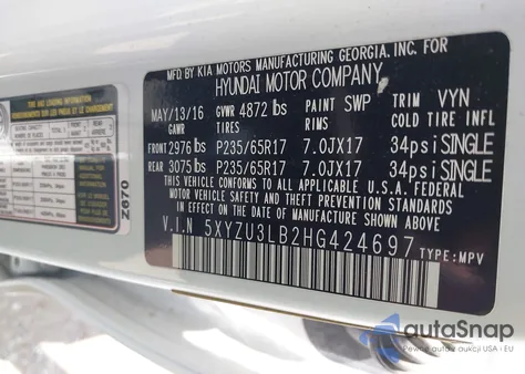 2017 Hyundai Santa Fe Sport from USA, damaged, VIN 5XYZU3LB2HG424697